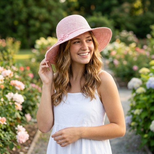 Wide Brim Hand Crocheted w/ Matching Flower Band - Light Pink - HT-8149LPK